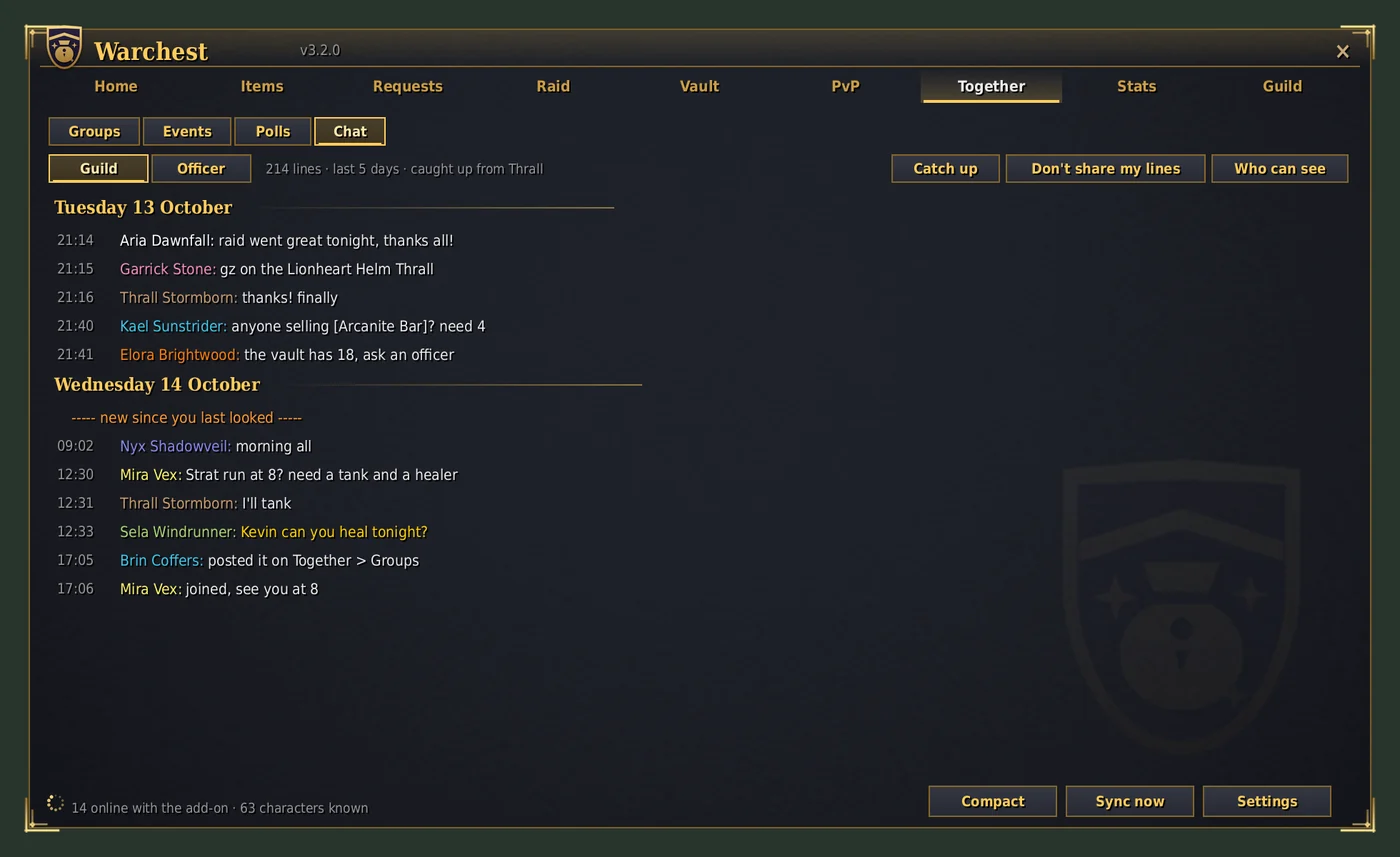 Together tab, Chat page: guild chat from the last two days, with day headings, a marker where new lines start and a line that mentions you highlighted