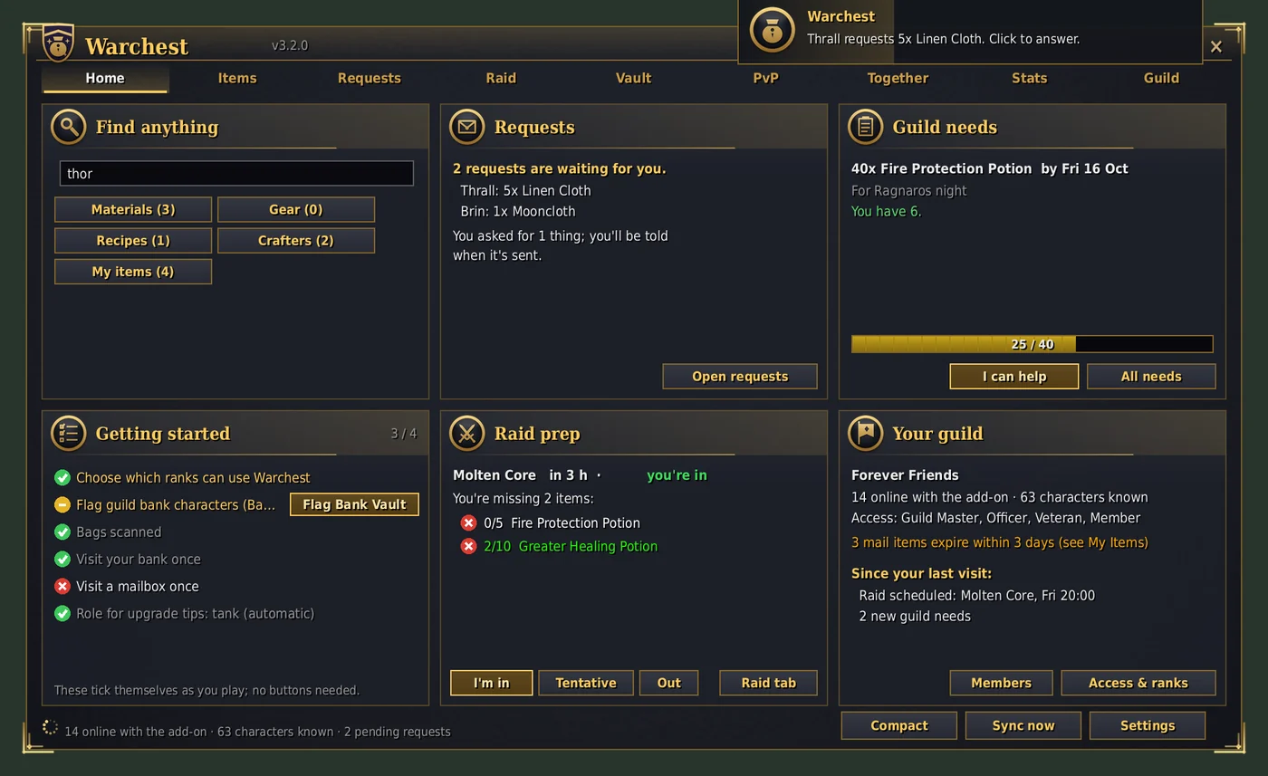 The Warchest Home tab in game: find anything, requests, guild needs and raid prep