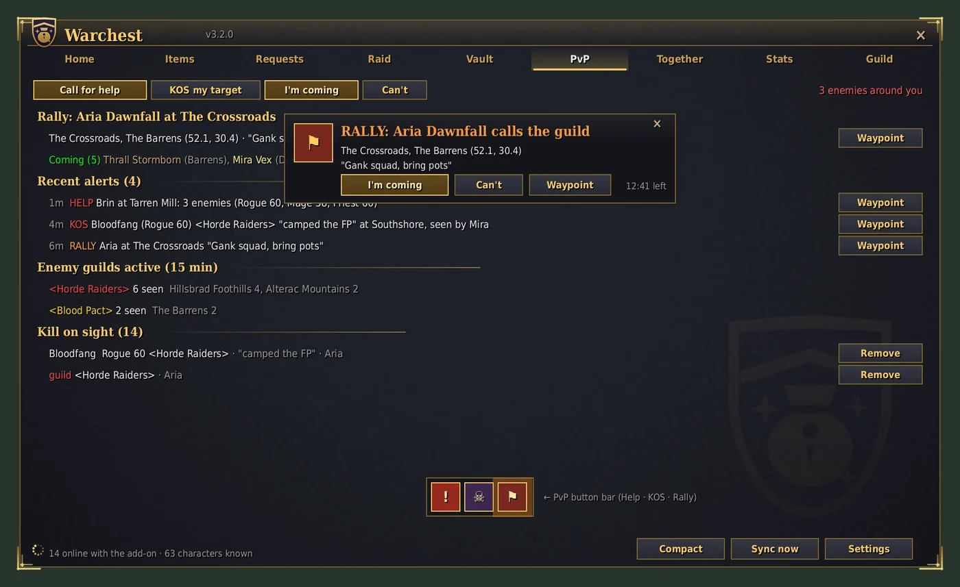 The PvP tab in game: a rally alert, recent alerts and the kill-on-sight list