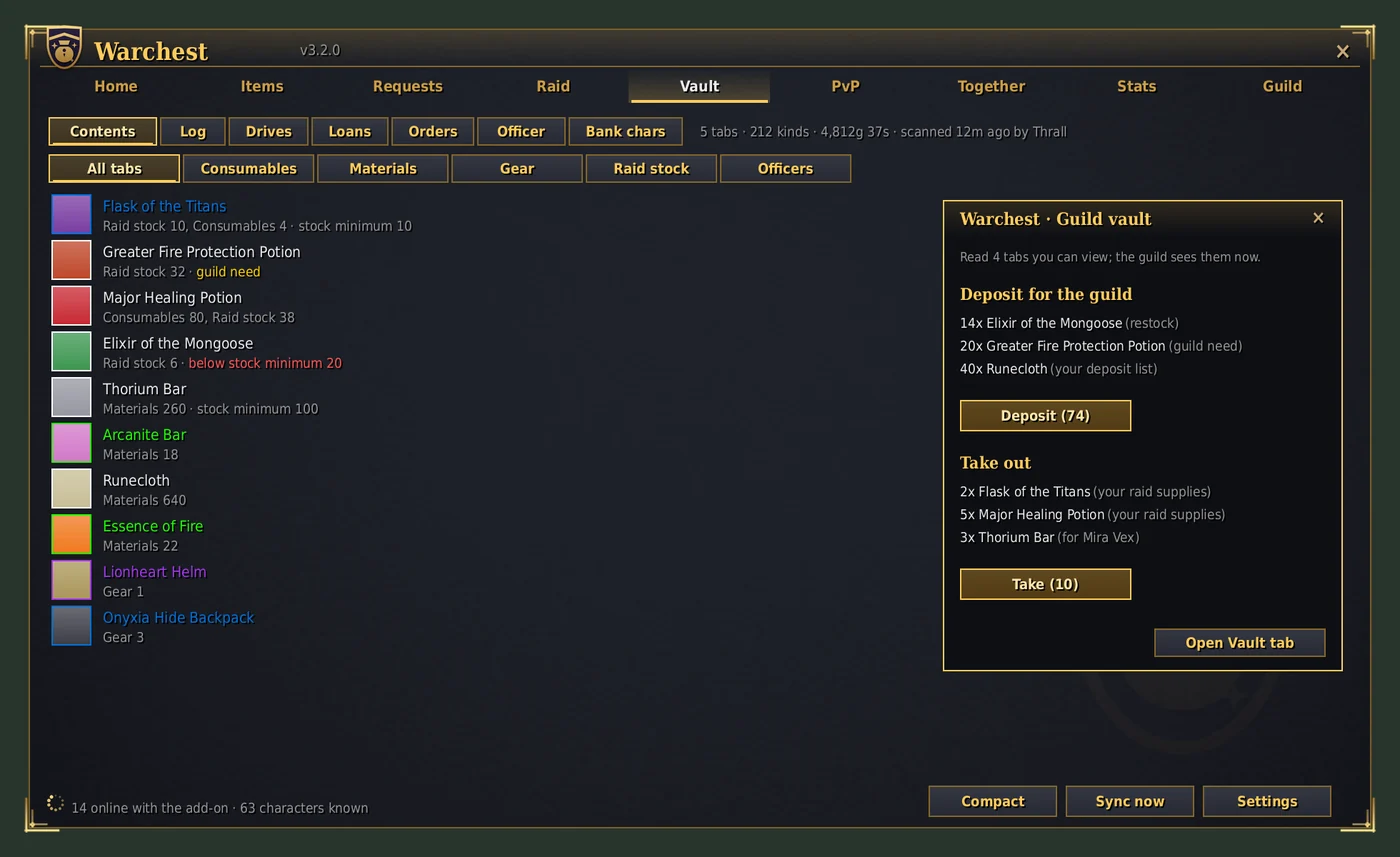 The guild vault in game: tabs, stock levels and the deposit helper