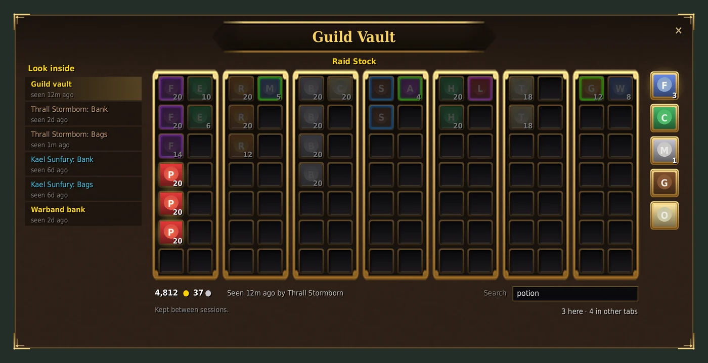 The Look inside window: the guild vault laid out tab by tab, with your banks and bags listed on the left
